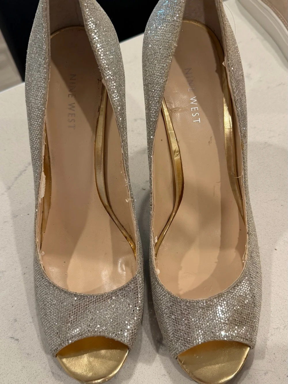 Nine West Silver Glitter Open-Toe Pumps with Gold Accent
